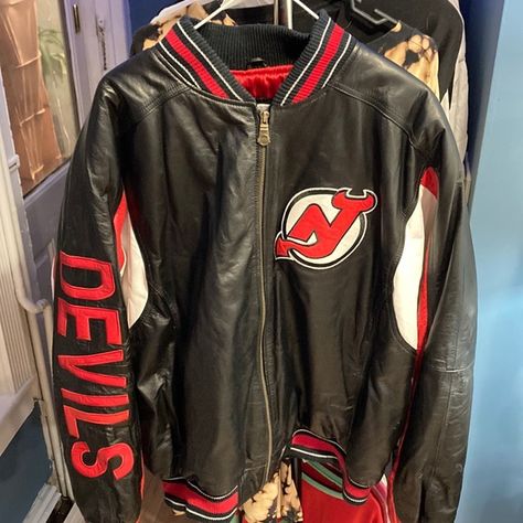 Original 1990s New Jersey devils premium leather jacket New Jersey Devils Merch, New Jersey Devils Jersey, Nj Devils Game Outfit, New Jersey Devils Outfit, New Jersey Devils Aesthetic, Paparazzi Outfits, Hockey Jacket, Leather Jacket Fits, Hockey Game Outfit