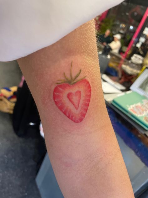 Strawberry Best Friend Tattoo, Strawberry Cupcake Tattoo, Strawberry Candy Tattoo, Heart Strawberry Tattoo, Strawberry Heart Tattoo, Strawberry Shortcake Tattoo, Strawberry Tattoos, Strawberry Tattoo, Unique Wrist Tattoos