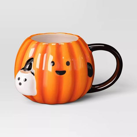 15.25 fl oz Halloween Stoneware Figural Pumpkin Mug Orange - Hyde & EEK! Boutique™ | Target Ghost Treats, Streamer Party Decorations, Target Halloween, Pumpkin Mug, Halloween Kitchen, Lantern Design, Fall Drinks, Felt Birds, Ghost Pumpkin