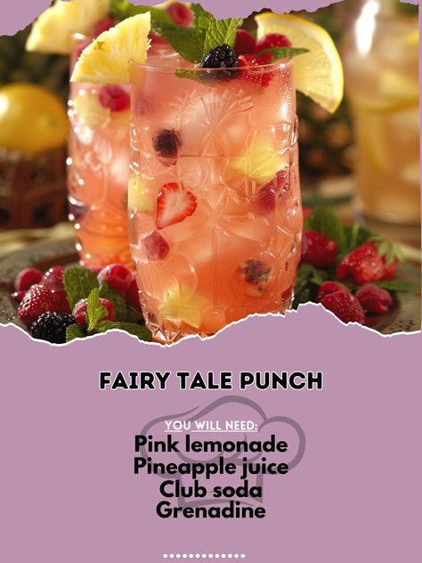 🧚‍♂️ Experience the magic of Fairy Tale Punch! 🧚‍♂️🍹 #FairyTalePunch #EnchantedDrinks Fairy Tale Punch Ingredients: Pink lemonade (2 cups) Pineapple juice (1 cup) Club soda (1 cup) Grenadine (1/2 oz) Fresh berries (for garnish) Mint leaves (for garnish) Instructions: Mix pink lemonade, pineapple juice, and club soda. Add a splash of grenadine. Serve over ice. Garnish with fresh berries and mint leaves. Live your fairy tale! 🧚‍♂️🍹✨ #EnchantedSips #RecipeInspire Fairy Punch, Cocktail Party Food, Enchanted Fairy, Yummy Alcoholic Drinks, Summertime Drinks, Enchanted Fairies, Party Recipes, Club Soda, Pink Lemonade