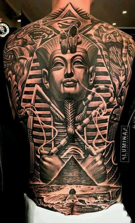 Pharoah Back Tattoo, Egyptian Back Tattoo, King Tut Tattoo, Black People Tattoos, Egyptian Eye Tattoos, Backpiece Tattoo, Egyptian Tattoo Sleeve, Anubis Tattoo, Family Tattoo Designs