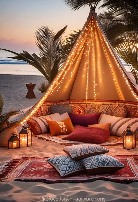 Cute Tent Ideas, Beach Picnic Setup, Beach Tent Aesthetic, Beach Wedding Night Lights Tents, Tent On Beach, Candle Lit Beach Picnic, Cool Cabana Beach Tent, Romantic Beach Picnic, Tropical Interior Design