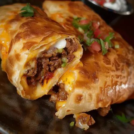 Beef and Cheese Chimichangas Ground Chuck Recipes, Beef And Cheese Chimichangas, Lake Meals, Creamy Refried Beans, Chimichanga Beef, Chimichanga Recipe, Mexican Food Dishes, Seasoned Ground Beef, Chicken Taco Seasoning