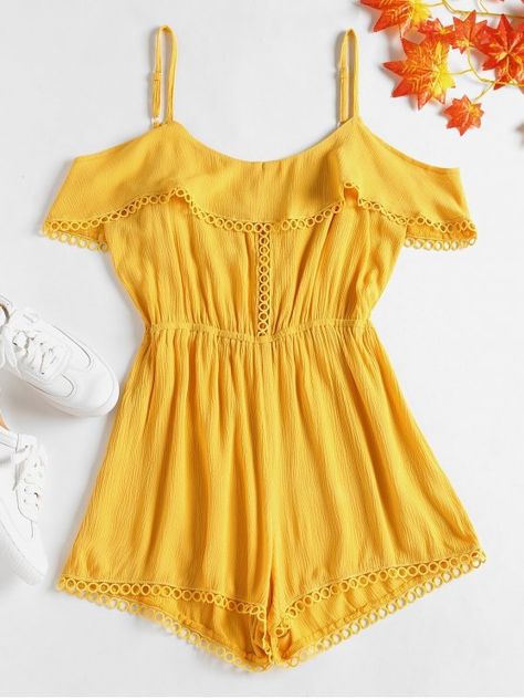 Eyelet Trim Cold Shoulder Romper - SUN YELLOW M Yellow Romper, Sun Yellow, Romper Outfit, Cute Rompers, Teen Fashion Outfits, Dream Clothes, Spring Summer Outfits, Outfits Casuales, Fashion Tops