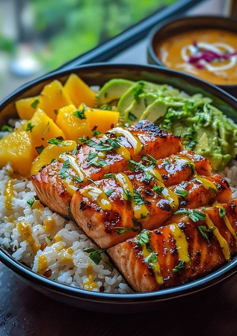 Willie Only Salmon With Coconut Rice, Chilli Mayo, Maple Sriracha, Sriracha Salmon, Salmon Rice, Salmon Rice Bowl, Salsa Bowls, Mango Avocado Salsa, Mango Avocado