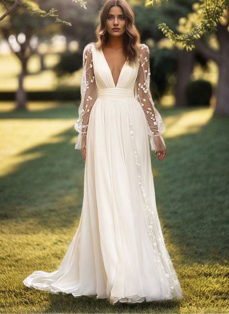 A-Line V-Neck Sheer Lace Sleeves Lace/Tulle Wedding Dresses With Split Front Wedding Dresses A Line, A Line Bridal Gowns, Beach Wedding Dresses, A Line Wedding Dress, Tulle Wedding, Tulle Wedding Dress, Alternative Wedding, Crop Top Blouse, A-line Wedding Dress