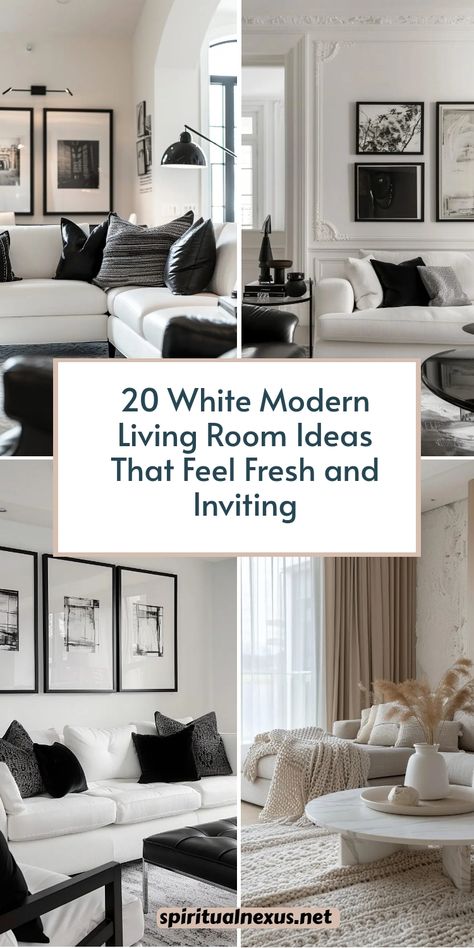 Looking for inspiration? These 20 white modern living room ideas will give your space a fresh and inviting update! Embrace the beauty of white interiors, combined with sleek modern touches, to achieve a bright and stylish living area that’s perfect for relaxing and entertaining. #whiteModernLivingRoomIdeas #FreshSpaces #ModernLiving Family Room With White Couch, White Cloud Couch Living Room Decor, Living Room Inspiration White Couch, Modern Living Room White Couch, White Living Room With Pops Of Color, Cloud Couch Living Room, White Modern Living Room, White Walls Living Room, White Sofa Living Room