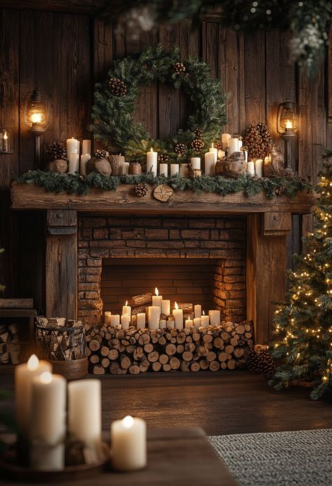 Cozy rustic fireplace with wooden logs, pine cones, candles, and evergreen wreath, surrounded by warm lighting and a Twinkle Light Christmas Tree, Rustic Christmas Mantle Decor Ideas, Natural Christmas Mantle, Stone Fireplace Christmas Decor, Christmas Mantle Decor Fireplaces Rustic, Mantle With Candles, Rustic Christmas Mantle Decor, Cozy Christmas Mantle, Hearth Decorating Ideas