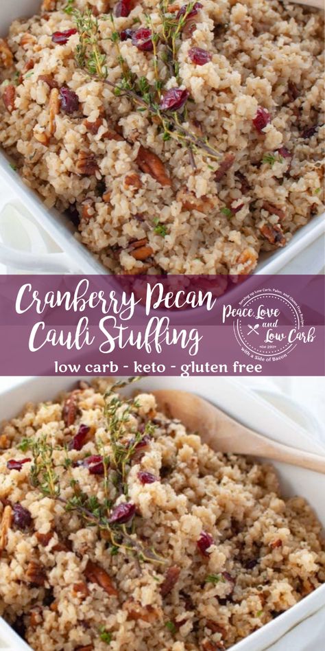 This Cranberry Pecan Cauliflower Rice Low Carb Stuffing is the perfect keto Thanksgiving side dish. You can stuff it inside the turkey in place of tradition stuffing, or you can just serve it on the side. Cauliflower Stuffing, Low Carb Stuffing, Turkey Side Dishes, Keto Holiday Recipes, Keto Thanksgiving, Rice Stuffing, Gluten Free Sides, Thanksgiving Side Dish, Cauliflower Rice Recipes