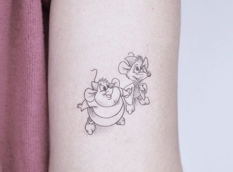 Disney Pair Tattoos, Disney Gus Gus Tattoo, Simple Cinderella Tattoo, Jaq And Gus Tattoo, Lumiere And Cogsworth Tattoo, Cinderella Jaq And Gus Tattoo, Gus Gus Tattoo Cinderella, Cinderella Mice Tattoo, Small Cinderella Tattoos