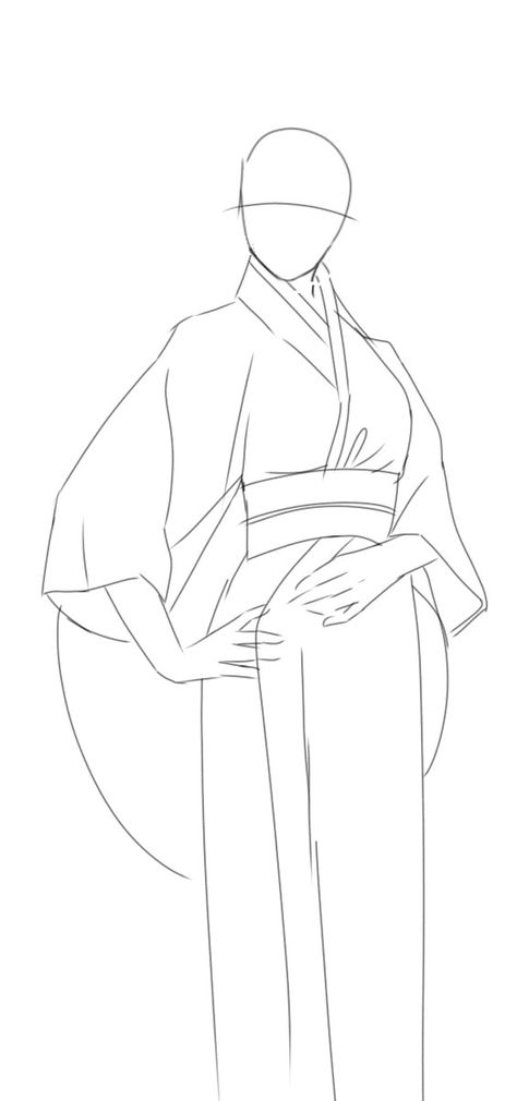 Kimono Pose Drawing, Japanese Women Drawing, Female Kimono Drawing, Kimono Poses Reference Drawing, Kimono Tutorial How To Make, Kimono Base Drawing, Kimono Fashion Drawing, Anime Woman Drawing Base, Kimono Pose Reference