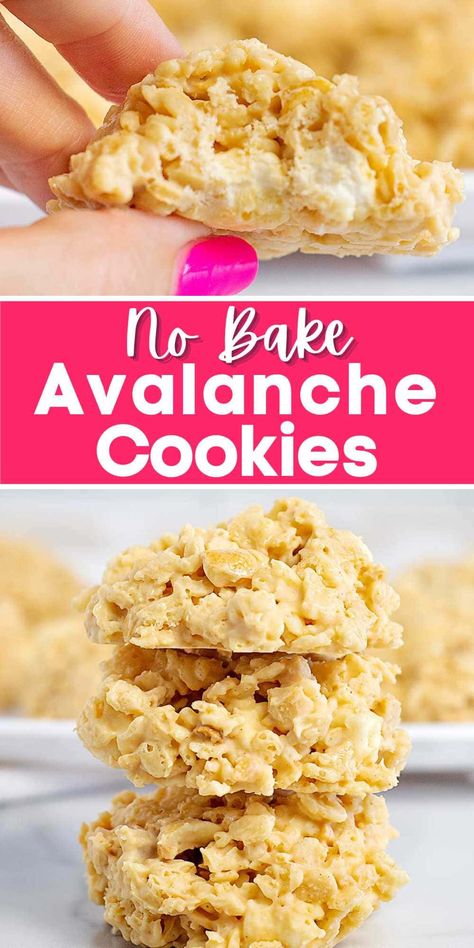 Avalanche Cookies are made with crispy rice cereal, creamy peanut butter, and decadent white chocolate chips that come together for a no bake cookie that's hard to resist! Almond Bark Drop Cookies, Non Baked Dessert, No Bake Avalanche Cookies, Peanut Butter And White Chocolate, Drop Cookies No Bake, Avalanche Cookies, No Bake Cookie, White Almond Bark, Pinterest Christmas