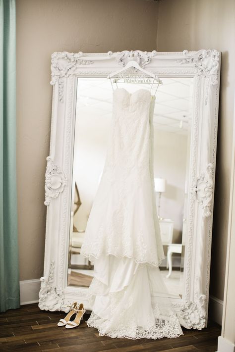 Bridal gown hanging in the bridal suite of the White Room. Villa Blanca Wedding Ceremony and White Room Grand Ballroom Wedding Reception. Photo by Stephanie W. Photography, www.stephanieW.com Wedding Dressing Room Ideas, Bridal Dressing Room Ideas, Bridal Prep Room, Bridal Suite Decor Ideas, Bridal Room Ideas, Bride Mirror Photo, Brides Room Decoration Ideas, Bridal Room Decorations, Wedding Dressing Room