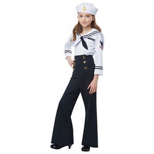 Navy Sailor Girl Child Costume - 408239 | trendyhalloween.com Sailor Halloween Costumes, Sailor Halloween, Girls Sailor Dress, Halloween Costume For Kids, Disney Characters Costumes, Navy Costume, California Costumes, Sailor Shirt, Costume For Kids