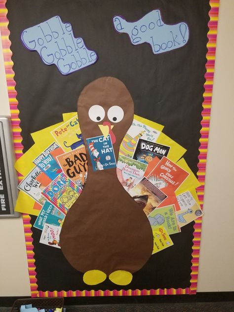 Thanksgiving bulletin board  "Gobble gobble gobble a good book" Thanksgiving Reading Bulletin Boards, Gobble Up A Good Book Bulletin Board, Ar Bulletin Boards, Fall Library Displays, Fall Library, Thanksgiving Bulletin Board, Book Bulletin Board, Seasonal Bulletin Boards, Library Assistant