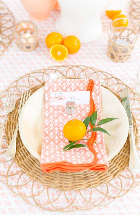 Floridian Citrus Bridal Shower | Color By K Bridal Shower Colors, Amanda Lindroth, Citrus Party, Found Her Main Squeeze, Citrus Theme, Citrus Baby, Palm Leaf Plates, Desert Boho, Bridal Shower Inspo