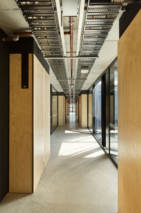 birch ply ceiling/doors over black back paneling for wardrobes+kit. cab+lav. cab.+storage, terrazo floor, black frmed openings, black signage, exposed HVAC+22+26 2016 Pictures, Boarding House, Ceiling Design Modern, Student House, Student Accommodation, Ceiling Design, Picture Gallery, Wall Design, Service Design