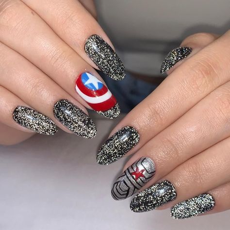 Bucky Barnes Nails, Winter Soldier Nails, Marvel Nail Art, Captain America Nails, Nail References, Superhero Nails, Cap Quartet, Avengers Nails, Marvel Nails