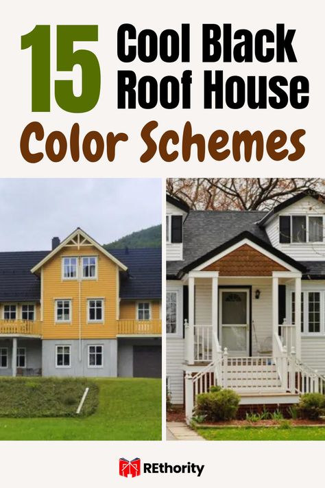 If you're looking for a unique style for your home, you'll love these 15 cool black roof house color schemes! Whether you're aiming for a modern look or a timeless classic, these color combinations are sure to make your house stand out from the crowd and give it the perfect finishing touch. From contemporary to traditional and everything in between, the options are endless. Ready to find the perfect look for your home? Keep reading to explore our favorite black roof house color schemes! Black Tin Roof Color Schemes, Black Roof Beige House, Houses With Black Roofs Exterior Colors, House Color With Black Roof, Black Roof House Exterior Colors, Black Roofs Color Schemes, Exterior House Colors With Black Roof And White Windows, Outdoor House Color Schemes, Exterior Paint Colors For House With Black Roof