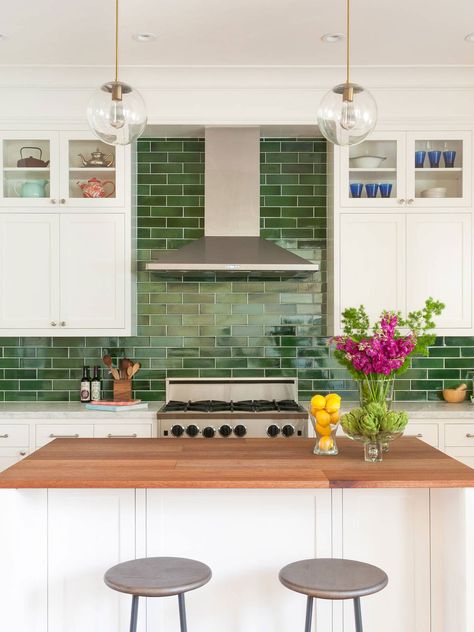 White Kitchen Green Subway Backsplash Ideas Green Kitchen Backsplash, Green Tile Backsplash, Backsplash With White Cabinets, Green Backsplash, Subway Tile Backsplash Kitchen, White Kitchen Backsplash, Subway Tile Kitchen, Kitchen Backsplash Designs, Green Tile