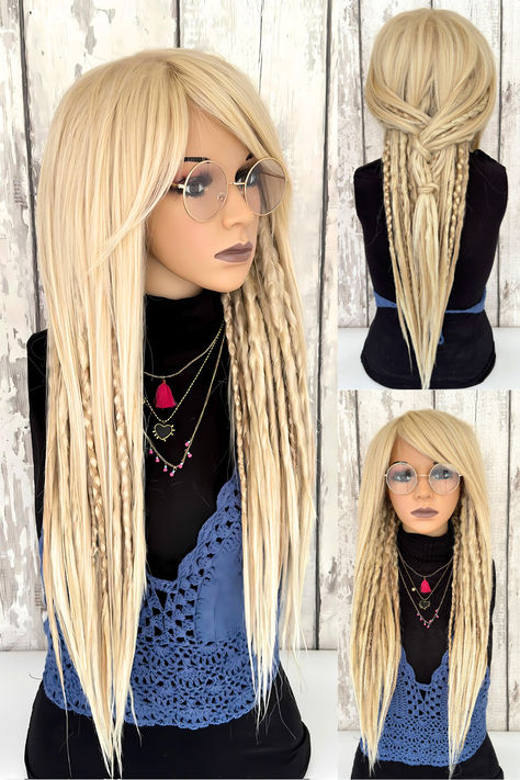 Blond dread wig, side part bangs, long dreadlocks wig, Boho dreadlocks, Viking braid wig, women dreadlocks wig, men dreadlocks wig, synthetic dread wig, kanekalon fibre hair, adjustable wig, Bohemian style wig, crochet dread wig, partial dread accent, platinum blonde wig, ash blonde wig, dark blonde wig, layered dreadlocks, high-quality dread wig, comfortable wig, secure fit wig, wig cap included, custom color wig, custom style wig, unique dreadlocks wig, stylish dread wig Partial Dreads With Bangs, Dreads With Bangs, Partial Dreadlocks, Boho Dreadlocks, Side Part Bangs, Wig Side Part, Dread Wig, Partial Dreads, Micro Braids Hairstyles