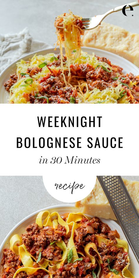 I love this dish because it’s an example of how to turn a comforting classic into a healthy meal. This version skips the milk, and we often serve it on spaghetti squash noodles to make it even healthier. It’s also great on any fresh or dried pasta, too. Serve it on spaghetti squash noodles to make it low-carb, gluten-free, grain-free and Paleo-friendly. Weeknight Bolognese Sauce in 30 Minutes! Healthy Recipe | Elizabeth Rider #ElizabethRider Healthy Bolognese Sauce, Weeknight Bolognese, Spaghetti Squash Noodles, Bolognese Pasta, Dried Pasta, Squash Noodles, Spaghetti Meat Sauce, Low Carb Pasta, Healthy Breakfasts