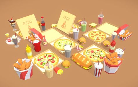 Low-poly fast food models contain 5 types of pizza with some fried chicken and a variety of drinks. Types Of Pizza, Pinball Game, Low Poly Art, Low Poly Models, Blender 3d, Game Item, Anime Background, Low Poly, Fried Chicken