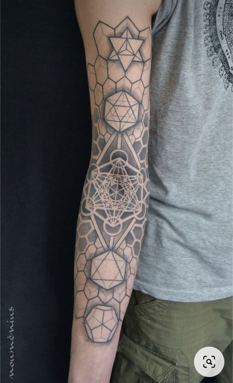 Sacred Geometry Arm Tattoo, Platonic Solids Tattoo, Sacred Geometry Tattoo Men, Sacred Geometry Sleeve, Kabbalah Tattoo, Metatron Tattoo, Merkaba Tattoo, Sacred Geometric Tattoo, Patterns Mandala