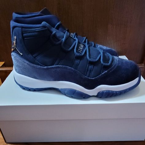 Brand New. Women's 10.5/Men's 9 Jordan 11 Midnight Navy, Jordan Blue, Shoes Jordan, Navy Velvet, Womens Jordans, Velvet Color, Midnight Navy, Jordan 11, Jordan Shoes