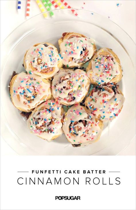 Funfetti cake batter cinnamon rolls Cake Cinnamon Rolls, Butter Rolls, Cake Cinnamon, Brunch Cake, Birthday Cake Flavors, Popsugar Food, Birthday Breakfast, Cinnamon Roll Cake, Cinnamon Butter