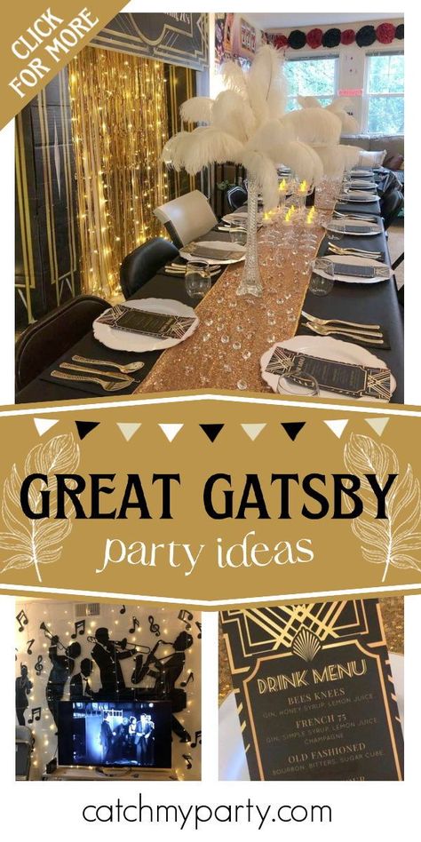 50th Birthday Great Gatsby Theme, Gatsby Birthday Party Decorations, Great Gatsby Graduation Party, Great Gatsby Casino Party, 1920s Party Ideas Decoration, Gasby Decoration Party, Gatsby Party Theme Decoration, Gatsby Party Food Ideas, The Great Gatsby Party Theme Outfit