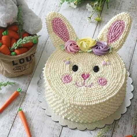 Bunny Buttercream Cake, Bunny Rabbit Birthday Cake, Rabbit Cake Ideas, Bunny Cake Birthday, Rabbit Theme Cake, Rabbit Cake Design, Buttercream Bunny, Bunny Cake Design, Bunny Shaped Cake