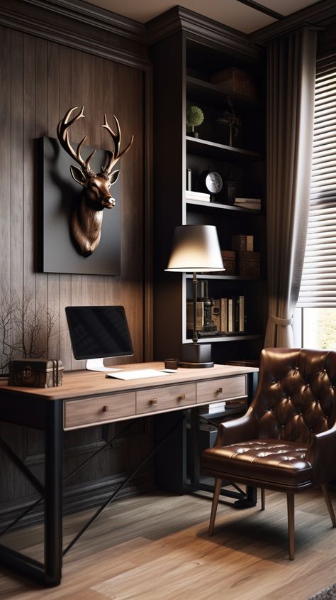 Rustic Office Decor Ideas, Man Home Office, Man's Office, Formal Study, Dads Office, Small Home Office Ideas, Masculine Home Office, Rustic Office Decor, Pocket Office