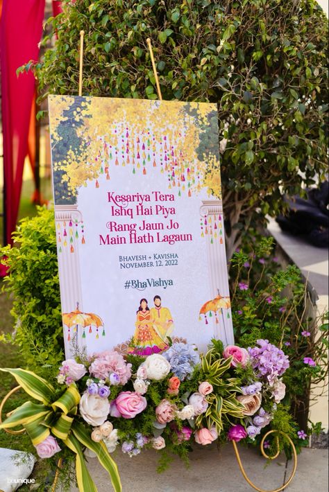 Wedding Signage inspiration Haldi Sunboard, Haldi Sign Board, Haldi Board Ideas, Indian Wedding Props, Haldi Backdrop, Wed Invitation, Haldi Decor, Invite Design, Bespoke Invitations