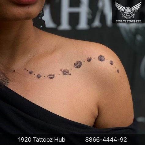 If you're looking for some inspiration for your next tattoo, or just want to see some of the most creative and well-done pieces out there, the subreddits r/tattoo and r/tattoos are the perfect places to start. Girly Collar Bone Tattoos, Collar Bone Tattoo Astrology, Space Collar Bone Tattoo, Planet Tattoos Shoulder, Space Shoulder Tattoo, Space Tattoos For Women, Small Space Tattoo Ideas, Planets Collarbone Tattoo, Back Tattoo Women Planets