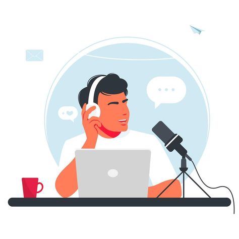 The man is recording a podcast. Boy in headphones talking into a microphone. The radio DJ is broadcasting online. Joyful person radio host interviewing guest, mass media broadcasting isolated on white Woman With Laptop, Radio Host, Anime Kimono, Mass Media, Video New, Content Creator, Premium Vector, The Man, Anime Boy