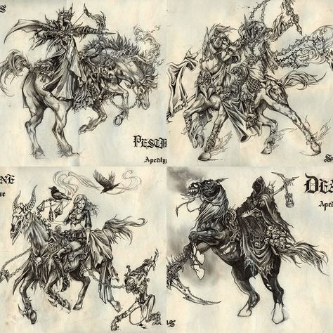 Four Horsemen of the Apocalypse 2012, Wenmo Zhang on ArtStation at https://www.artstation.com/artwork/QzdWn8 Four Horsemen Tattoo Design, Horsemen Tattoo, Pestilence Horseman, Four Horsemen Of The Apocalypse Tattoo, Apocalypse Tattoo, Coyote Tattoo, Four Horsemen Of The Apocalypse, Four Horseman, Apocalypse Art