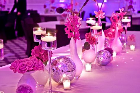 Centerpieces With Disco Balls, Disco Party Centerpieces, Disco Ball Table Decor Party Ideas, Bright Candles, Pink Disco Centerpieces, Sweet 16 Party Ideas Pink Disco, Pink Disco Ball Party Decor, Disco Ball Centerpiece Ideas, Hot Pink Floating Candles