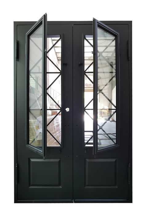 Rockport Model Iron Door With Reflective Glass Matt Black Finish Inside Swing Double and Single Door Sizes to Choose From - Etsy Black French Doors, Wrought Iron Front Door, Double Door Entryway, Metal Front Door, Double Doors Exterior, Iron Front Door, Iron Entry Doors, Front Door Makeover, Double Door Design