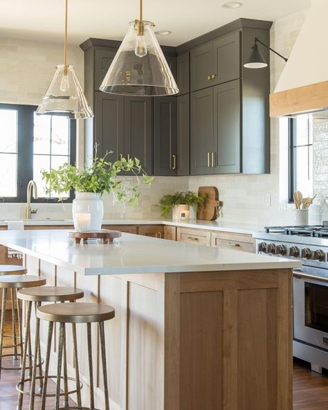 Kitchen • Instagram Kitchen Open Shelving, Kitchen Color Schemes, Farmhouse Kitchen Colors, Living Room And Kitchen Design, Charming Farmhouse, Kitchen Open, Wood Kitchen Island, New Kitchen Designs, Kitchen Colour Schemes