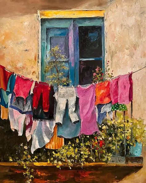 Abstract Watercolor Tutorial, Laundry Hanging, Clothes Lines, Laundry Art, Oil Painting Inspiration, Caribbean Art, Simple Canvas Paintings, Diy Watercolor Painting, Art Theme