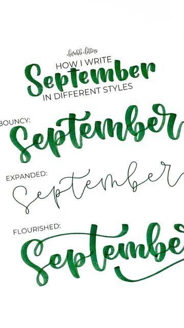 Marcella Astore | Hand Lettering Artist on Instagram: "Here are 3 ways to letter “September”! 🍂 - bouncy: my default style with an inconsistent baseline and nothing too extravagant - expanded: a stretched monoline style using the neglected side of my Dual Brush Pens -flourished: similar to bouncy, but a bit fancier and tricker Which one is your favorite? Marker: @tombowusa Dual Brush Pen 249 Paper: @astrobrights 28lb printer paper Nails: @impressmanicure Olive for Green #letteringwithpositiv Cute Lettering Alphabet, Marker Fonts Hand Lettering, September Hand Lettering, Bouncy Lettering Alphabet, Bouncy Calligraphy Alphabet, September Lettering, Bouncy Lettering, Pencil Challenge, Brush Lettering Alphabet