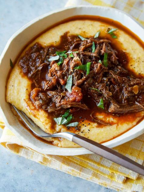 Braised Beef Ragu, Beef Ragu Recipe, Braising Recipes, Cheesy Polenta, Italian Pot Roast, Spoon Fork Bacon, Beef Ragu, Ragu Recipe, Polenta Recipes