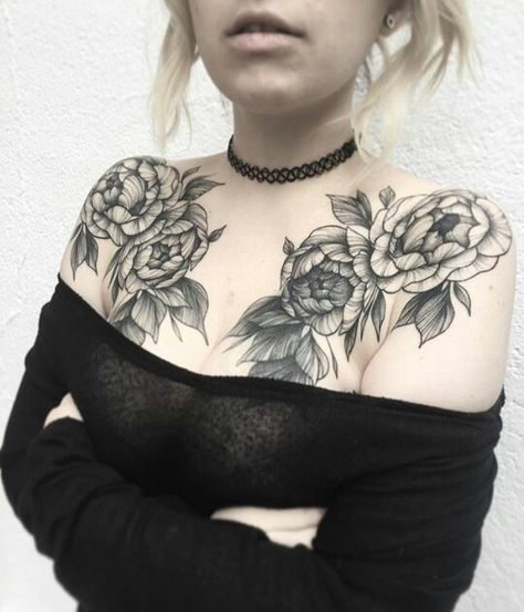 Rose Chest Tattoos For Women, Shoulder Tattoo Piece, Shoulder And Chest Tattoos For Women, Dark Chest Tattoos For Women, Cover Up Tattoo Chest, Symmetrical Chest Tattoo Female, Woman’s Chest Tattoo, Womens Chest Tats, Womens Chestpiece Tattoo