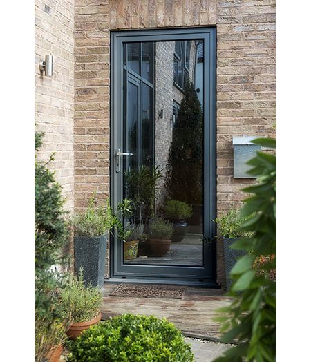 KAT manufacture totally bespoke Aluminium glazed front doors in a choice of 7 colour finishes, to suit your project. Find out more here. Fully Glazed Back Door, Aluminium And Glass Front Door, Aluminium Door With Window, Glass Backdoor Ideas, Black Aluminium Doors Exterior, Back Door Glass Doors, Glass Outside Door, Fully Glazed Front Door, Glass Back Door Ideas