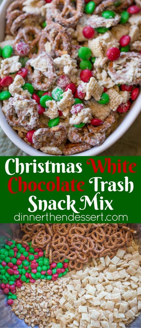 Christmas White Chocolate Trash Snack Mix with pretzels, cereal, peanuts and chocolate coated candies all tossed together with a generous coating of white chocolate. White Chocolate Trash, Christmas White Chocolate, Dessert Christmas, Chex Mix Recipes, Snack Mix Recipes, Christmas Candy Recipes, Holiday Snacks, Chex Mix, S'mores