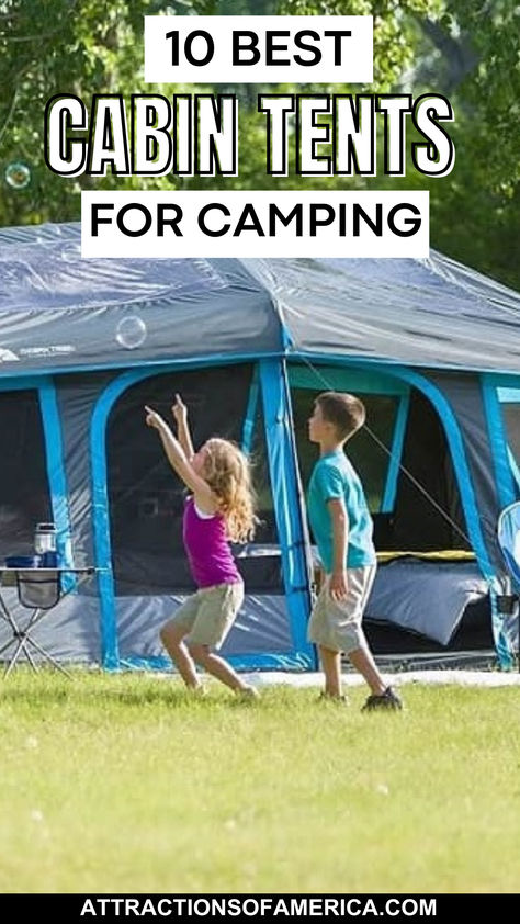 10 best cabin tents for camping with photo of a cabin tent and a family playing in front of it. Family Tents For Camping, 50 States Travel, Tents For Camping, Instant Tent, Family Cabin, Cabin Tent, Camping Stuff, Family Tent, Camping Adventure