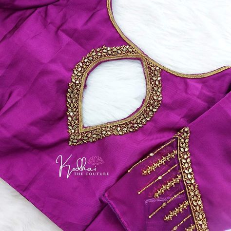 Boat Neck Simple Maggam Work, Blouse Shapes Patterns, Aari Boat Neck Blouse Design, Boat Neck Aari Work Designs, Purple Blouses, Maggam Blouse, Netted Blouse Designs, Aari Design, Blouse Designs High Neck