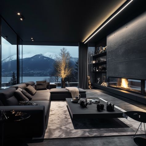 Dark Modern House Interiors Bedroom, Dark Luxury House Interior, House Interior Dark Wood, Matte Black House Exterior, Dark Modern Living Room, Dark House Interior, Black House Interior, Dark Modern House, Luxury Penthouse Apartment