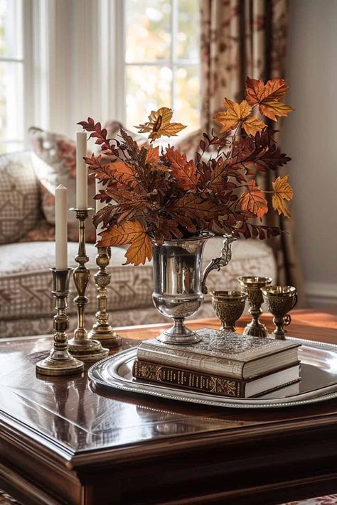 Fall Table Bouquet, Fall Decor For Coffee Table In Tray, Coffee Table Decor Ideas Living Room, Coffee Table Scapes, Vintage Coffee Table Decor, Autumn Coffee Table Decor, Coffee Table Fall Decor, October Magic, Fall Coffee Table Decor